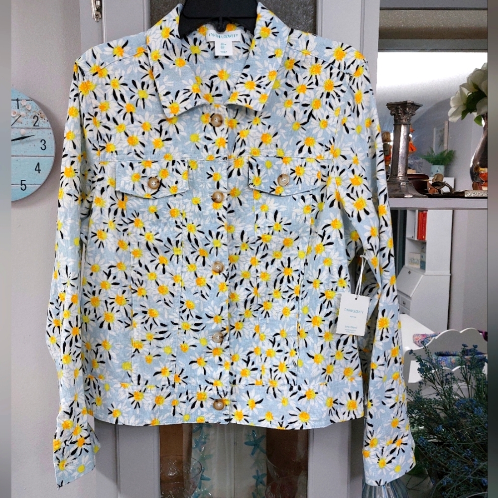Cynthia Rowley linen blend floral jean style jacket L NWT  MSRP $198